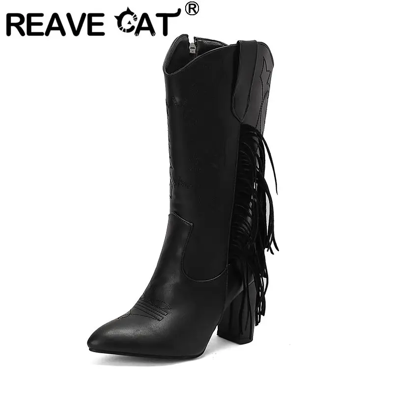 

REAVE CAT Fashion Women Cowboy Boots Pointed Toe Block Heels 9cm Tassels Big Size 47 48 Mid Calf Bota