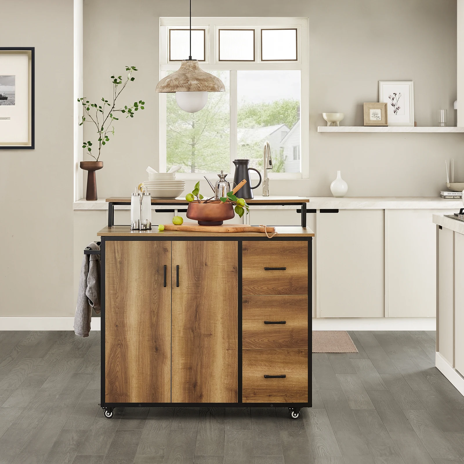 SoBuy KNL02-PF Carros de cocina de diseño con placa de trabajo Isla de cocina con puertas y cajones Aparador sobre ruedas Carro de cocina