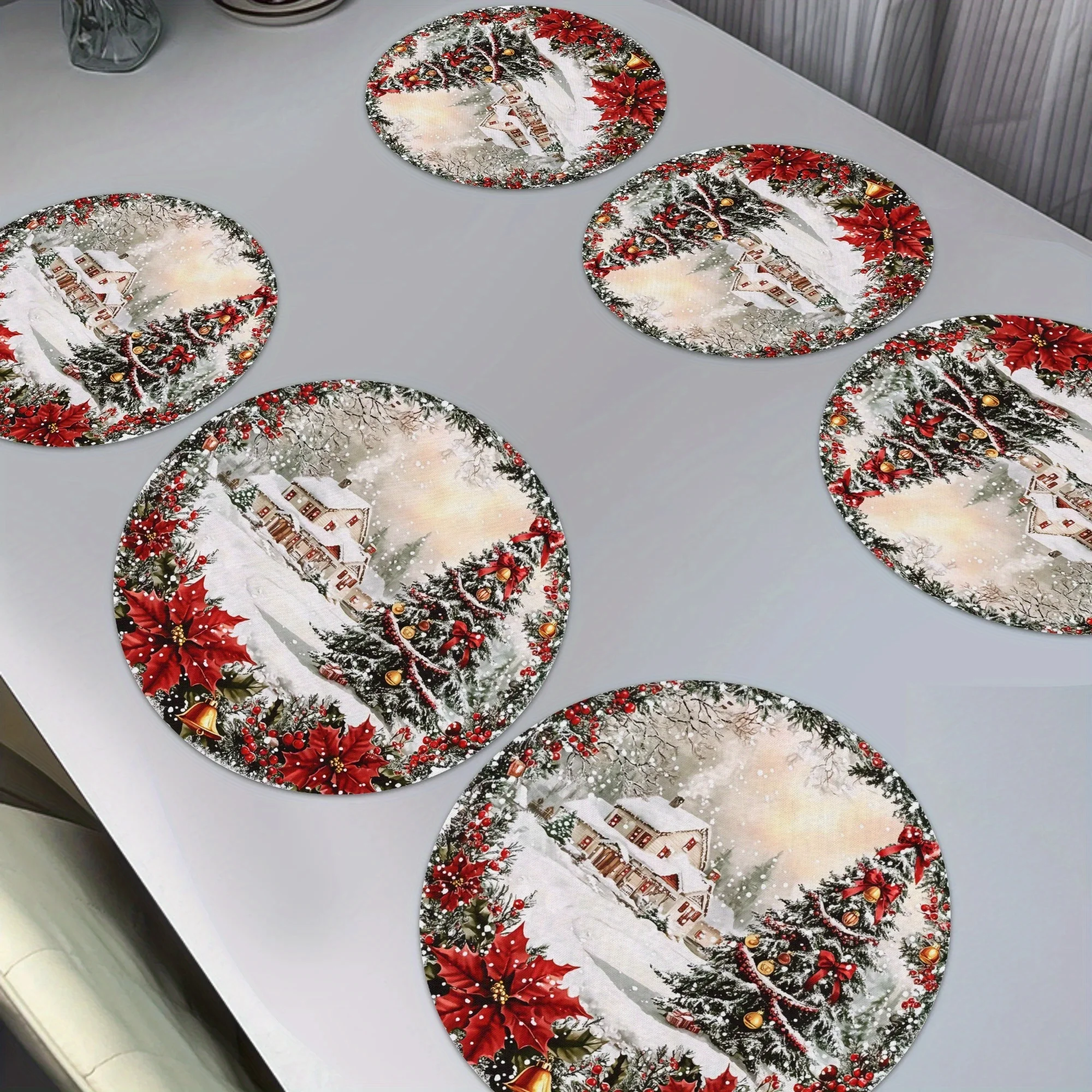 VIKAMA 6PC Christmas Snowscape Meal Mat Christmas Tree Snowhouse Red Berry Dining Table Christmas Decoration