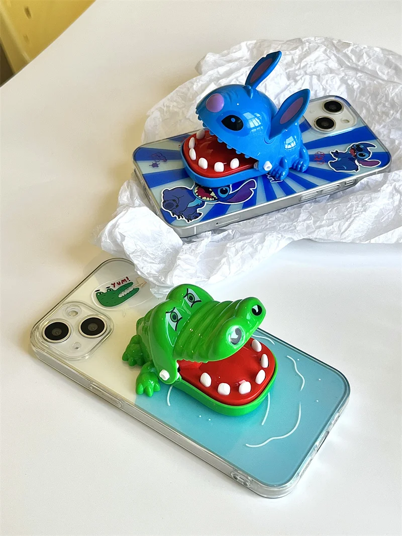 Cartoon Disney Funny Biting Stitch Crocodile Teeth Toys Stitch Phone Case For iPhone 15 14 13 12 11 Pro Max Y2k Cute Stand Cover