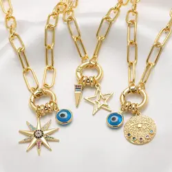 FLOLA Rainbow Evil Eye Necklaces for Women Copper Cubic Zirconia Fatima Hand Necklaces Gold Plated Jewelry olho grego nkeu82
