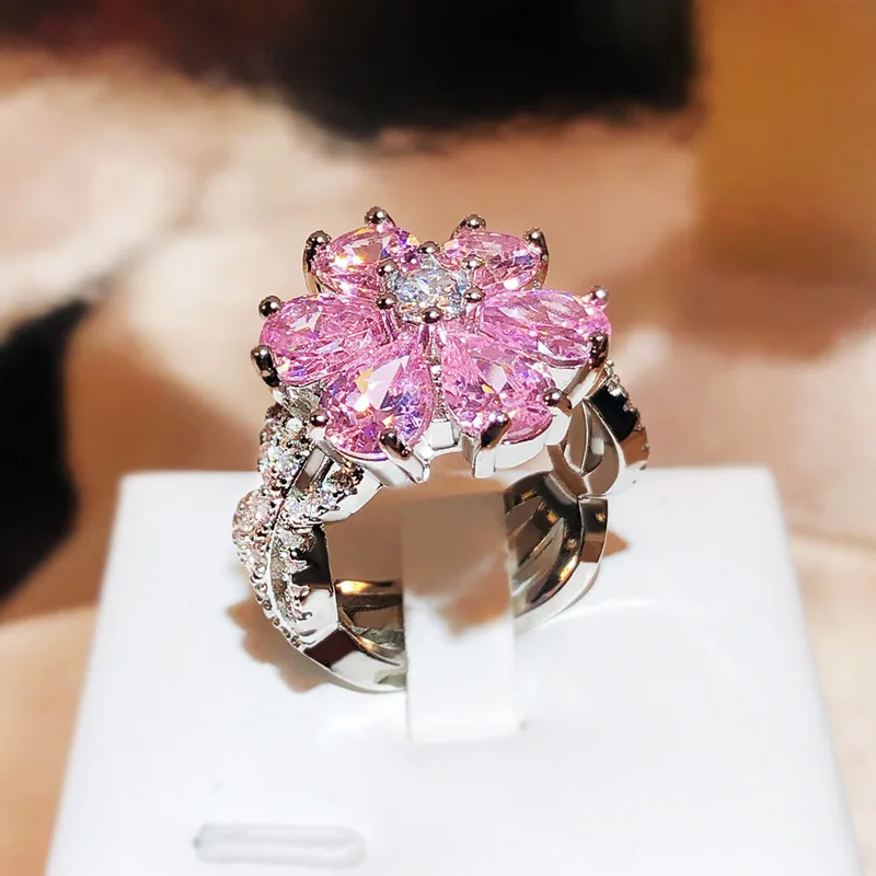 Sweet Pink Flower Rhinestone Ring Women Wedding Eternal Love Romantic Sakura Pink Hand Jewelry Stainless Steel Ring Wholesale