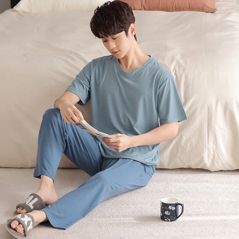 Long Modal Men For Men's Set Summer Short-Sleeve Wear Pajamas Tops Soft Suits Sleepwear Simple Fashion + Home Nightwear Pants