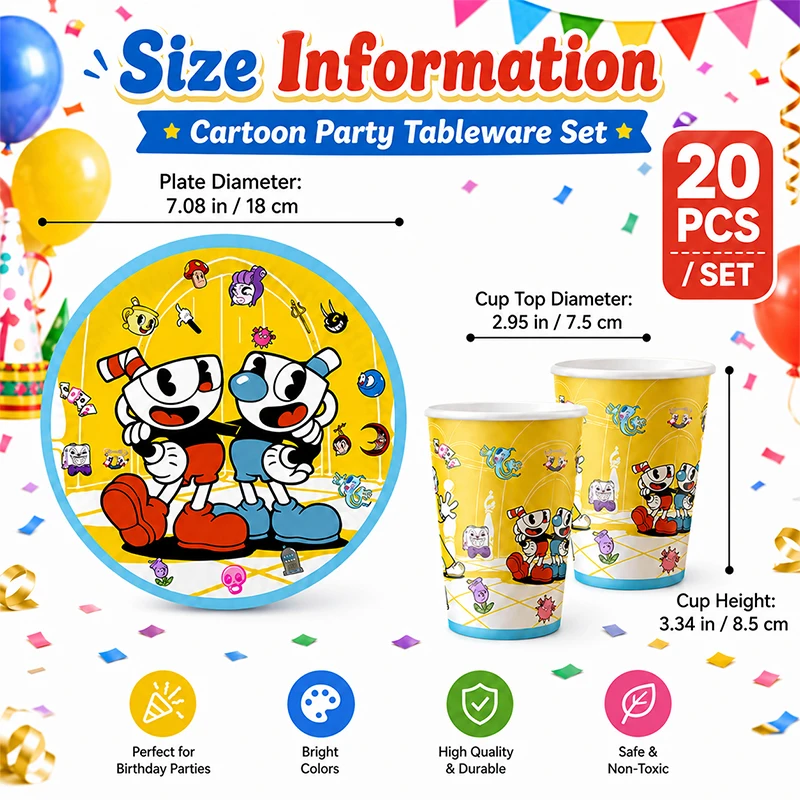 Cuphead Cartoon Paper Plate and Cup Combination Decorative Style Set for Birthday Graduation Party Dining Table Decorations