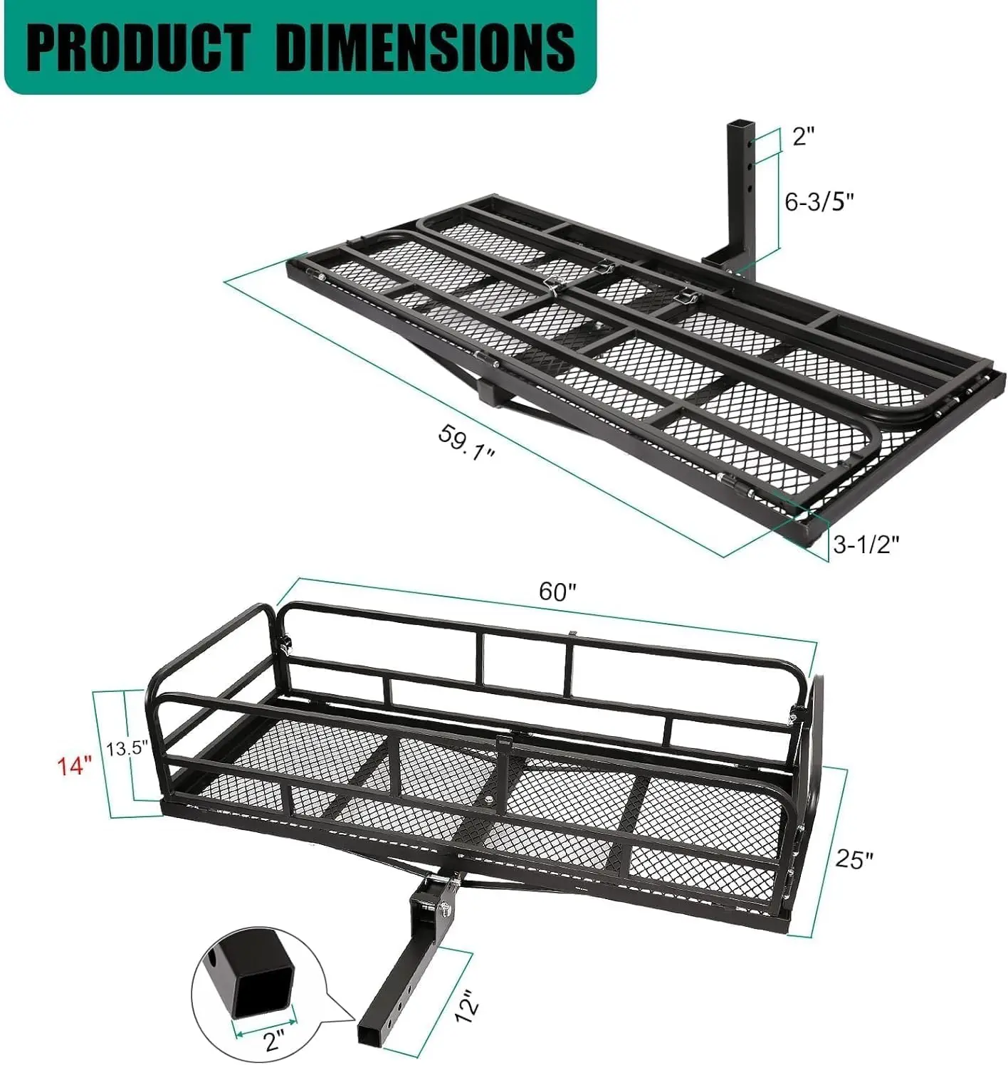 Fixation d'attelage pliante Cargo Electrolux avec côté haut, récepteur 2 ", 60x24x14", R64, camion, SUV, camionnette, capacité artérielle 500