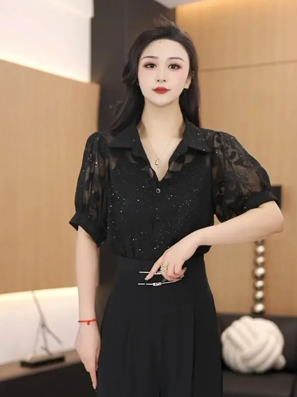 

Женская свободная сексуальная облегающая блузка Ele iny Tead Micro-Light с коротким рукавом, французским воротником, однотонная