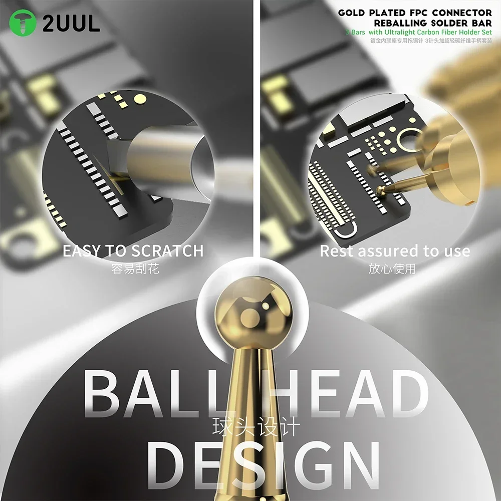 2uul SC98 vergoldeter FPC-Zinn-Schleppnadel-Anschluss, Reballing-Lötstangen mit 3-teiligem Carbonfaser-Zinn-Saugwerkzeug-Set – Detail 5