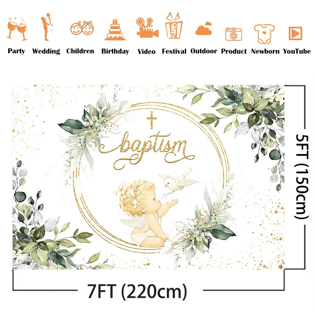 Baptism Baby Shower Backdrop Gold Glitter Cross Baby Boy Photo Background Green Leaves White Peace Dove Theme Party Decoration