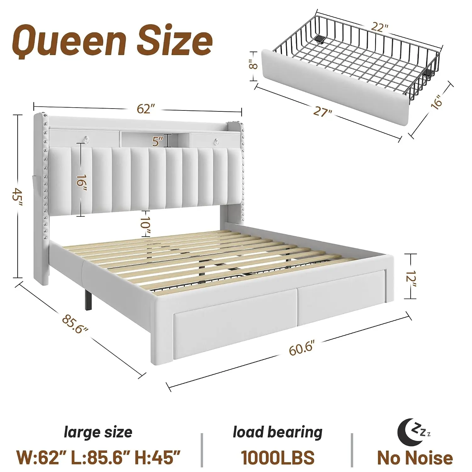 Queen Bed Frame 2-Tier Storage Headboard & 4 Drawers, Customized image 2