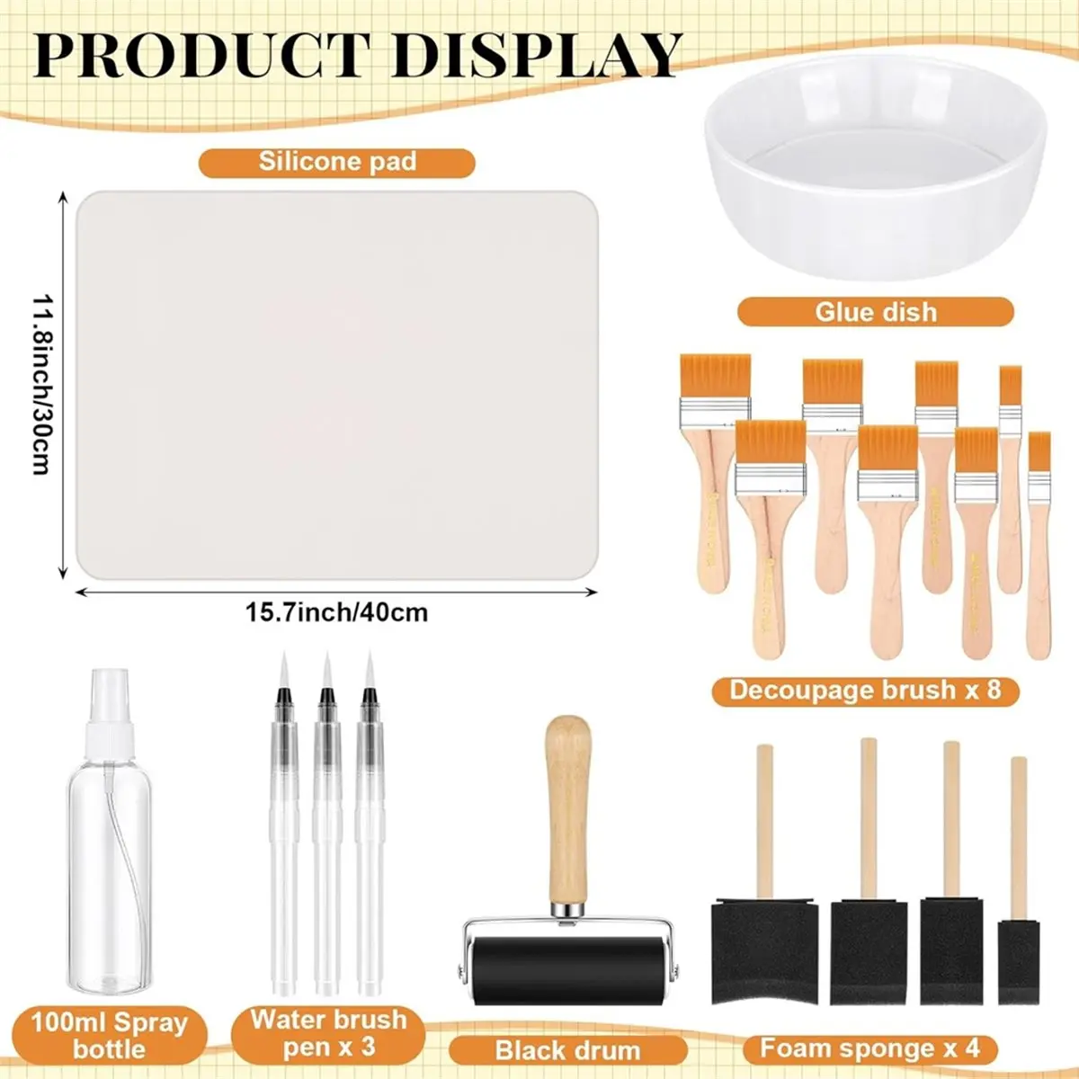 【BAAQ】 19 Pcs Decoupage Kit, Decoupage Brush,Foam Brushes Water Pen, 4 Inch Rubber Roller, Silicone Table Mat, Bottle