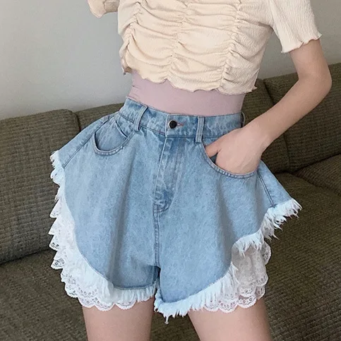 chubby pants with ruffled edges, high waisted denim shorts, women's spring and autumn lace leggings, two-piece set, hot pants