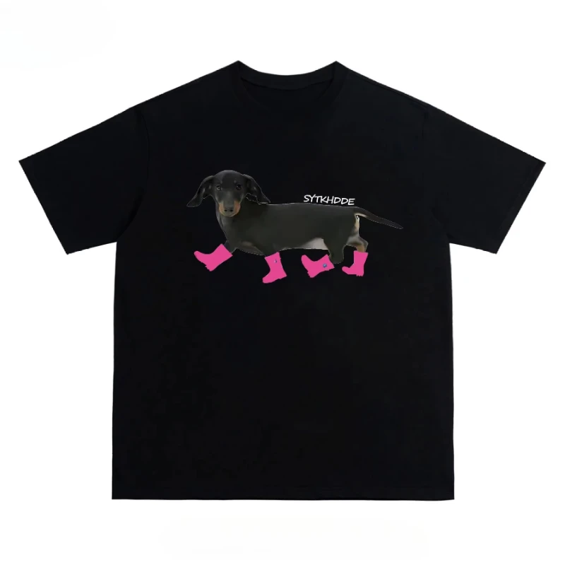 

Новая летняя американская уличная футболка с короткими рукавами и принтом собаки таксы для мужчин и женщин, уличная пара, с половиной рукавов