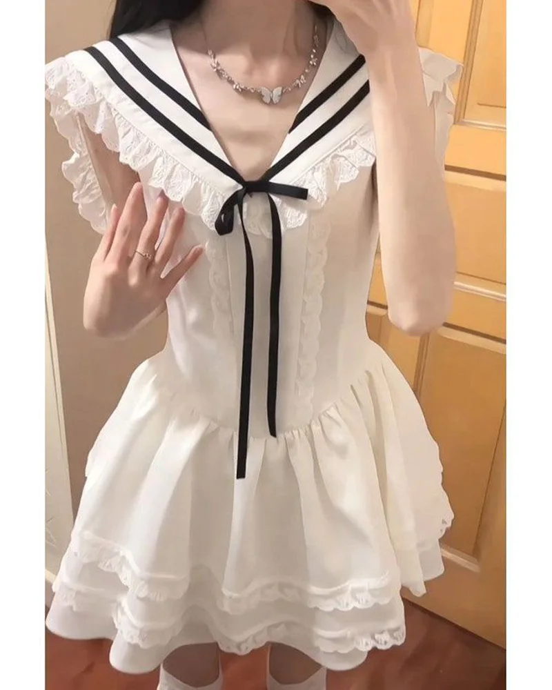 Robe d'été pour femmes, Mini robes épicées pour filles, Patchwork, garniture en dentelle, pompon solide, sans manches, robes de Style féerique douce, 2025