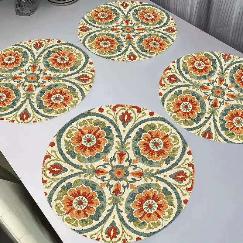 VIKAMA New Chinese Blue White Porcelain Peony Round Linen Placemats, Heat Resistant for Dining Table Decor