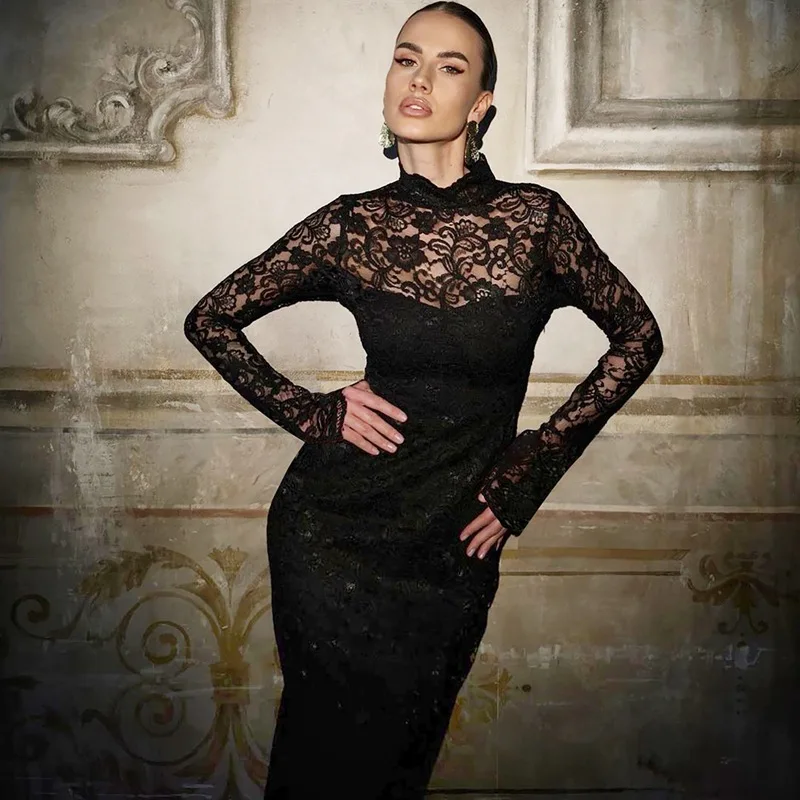 Sexy Lace Patchwork Long Sleeve Dress Bodycon Midi Dresses for Women Spring Summer