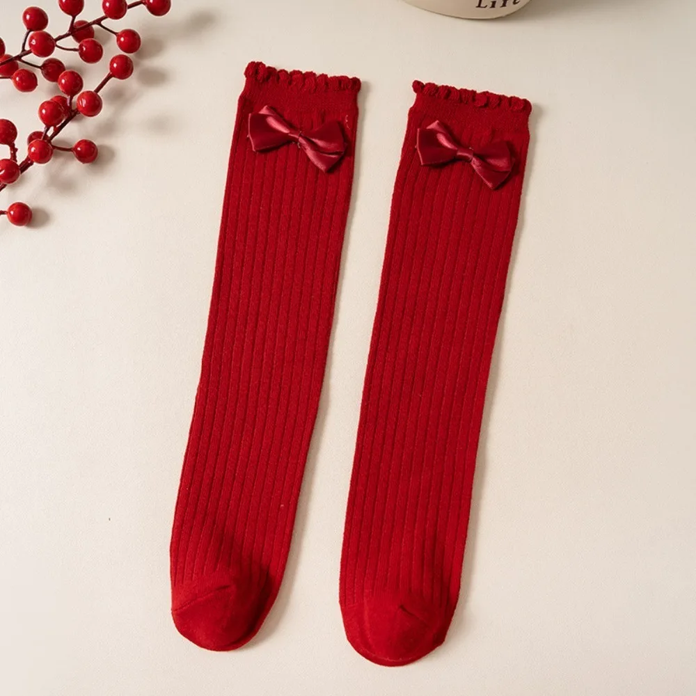 New Breathable Winter Compression Stocking Bowknot Casual Red Socks Cashmere Sweat-absorbing Bow Middle Tube Socks Kids