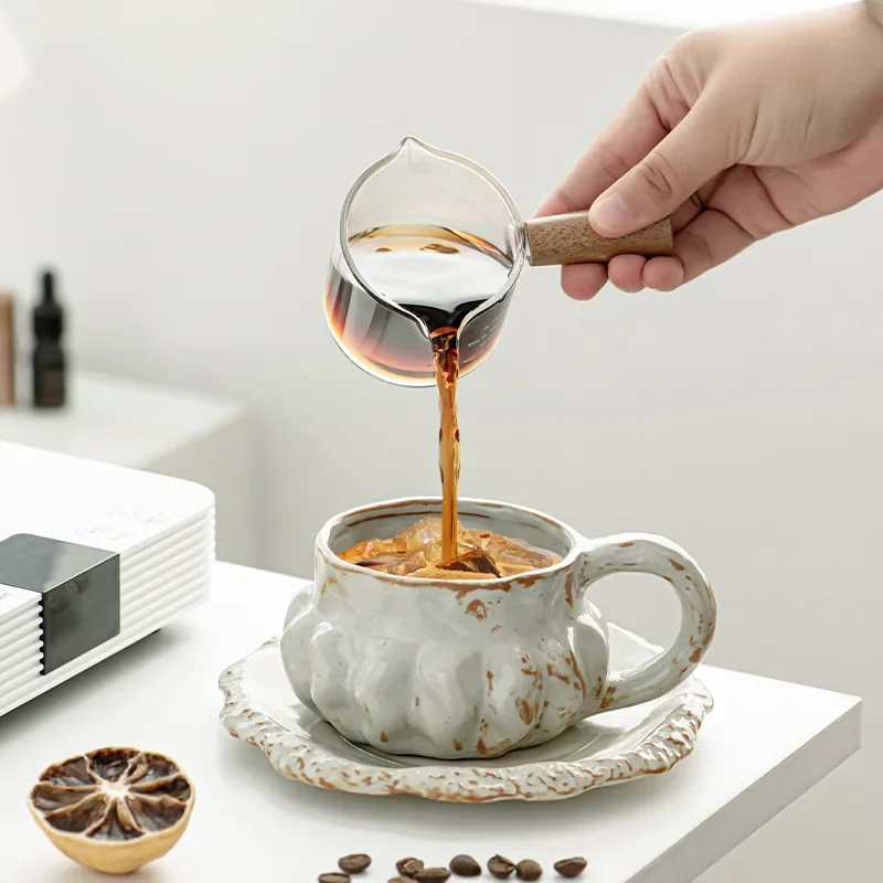 Retro Coarse Pottery Coffee Cup Pumpkin Shaped Coffee Cups Spoon with Lid Mugs Household Relief Cup and Disc Set Christmas Gifts
