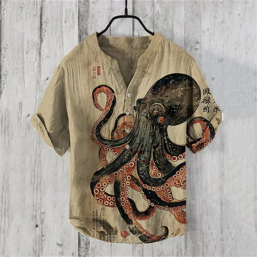 New Fashion Harajuku V-neck Casual Men's Shirt Octopus 3D Printed Summer Short Sleeve Men's Shirt Camisas Casuais