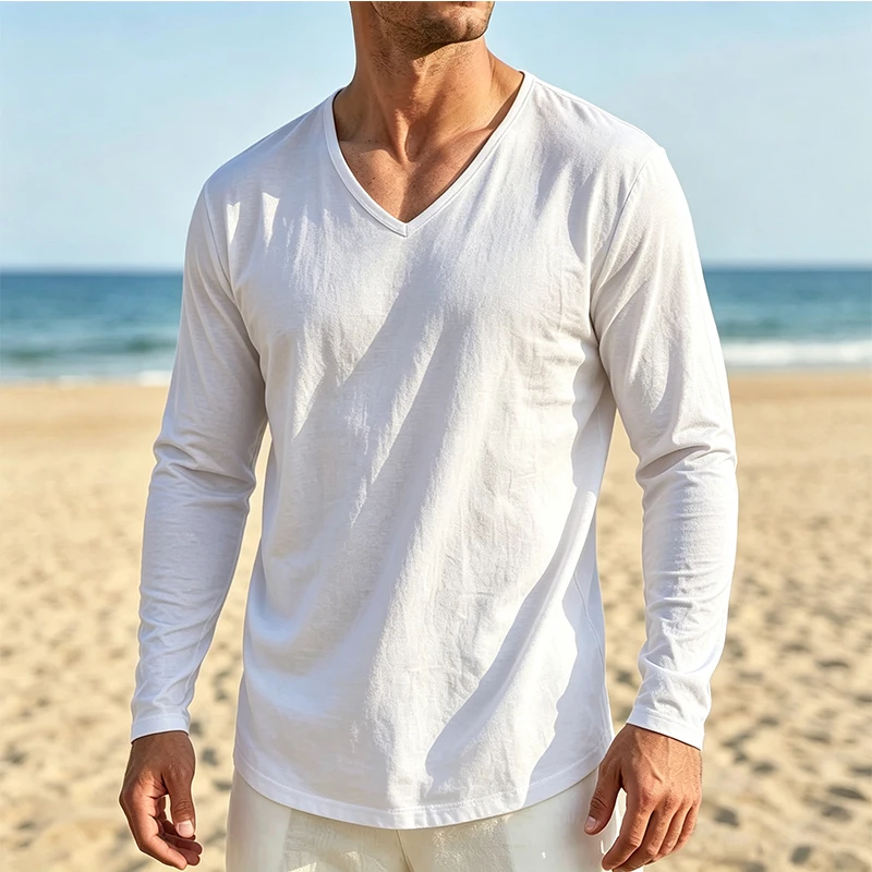 Summer Mens Linen V-Neck Long Sleeve T Shirts For Men Breathable Soft Loose Fit Beach Walking Casual Blouse Lightweight Shirts
