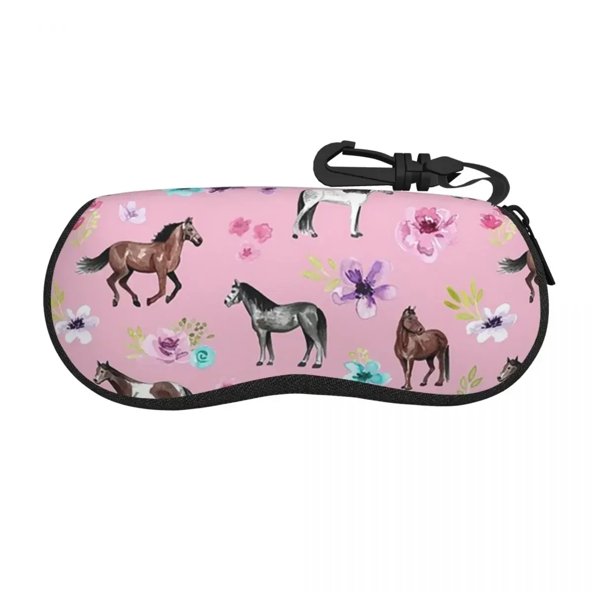 Horses And Flowers On Pink, Equestrian Art Shell Glasses Case Protector Sunglasses Box Women Men Soft Eyeglasses Bag Pouch