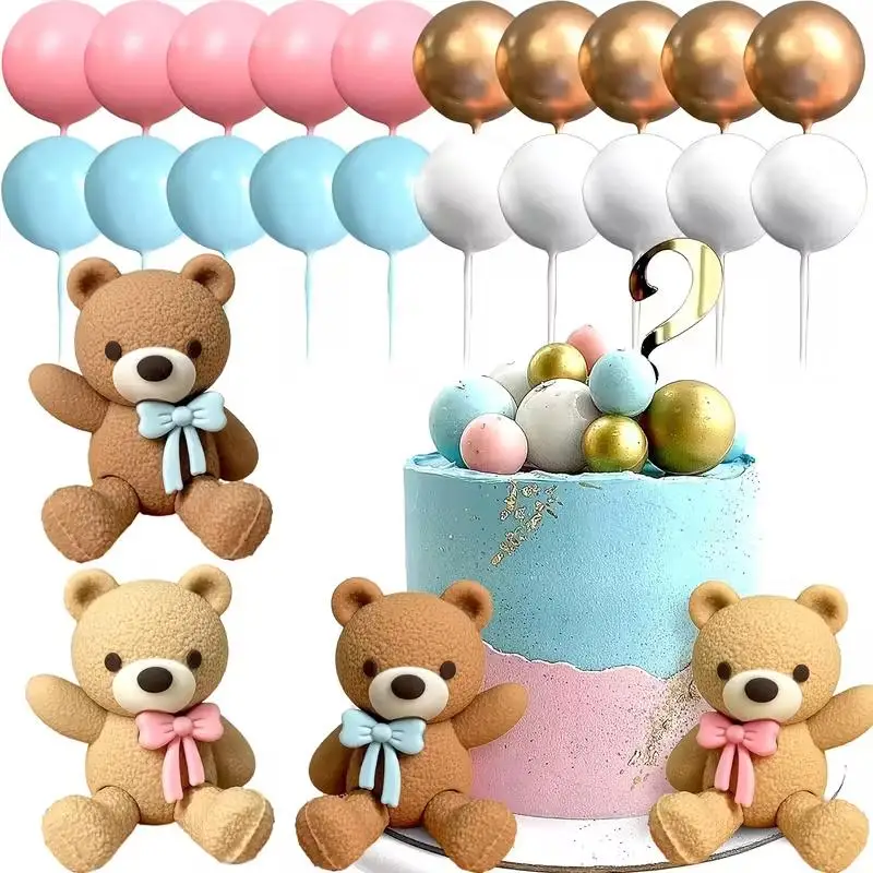 22Pcs/set Gender Reveal Cake Toppers Teddy Bear Ball Cake DIY Decoration Gender Reveal Boy Girl Birthday Party Decor Supplies