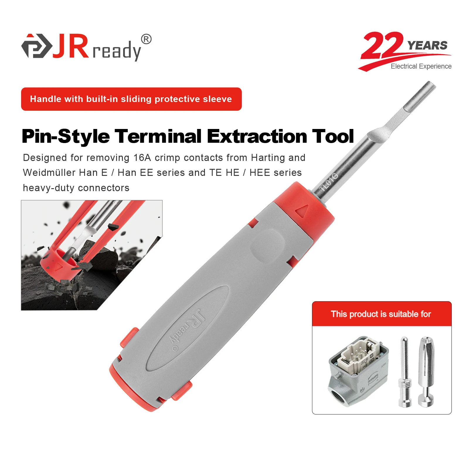 

Инструмент для извлечения контактов JRready JRconDRK-TL01G (пин-тип) для клемм 16А в тяжелых разъемах серий Han D/Han DD