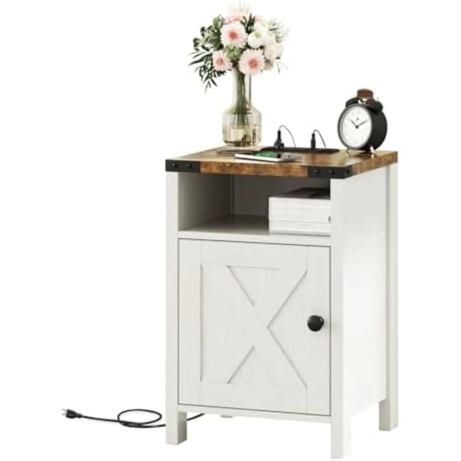 Farmhouse End Tables with Charging Station, Modern White | Nightstand with Barn Door and Shelf, Rustic Living Room