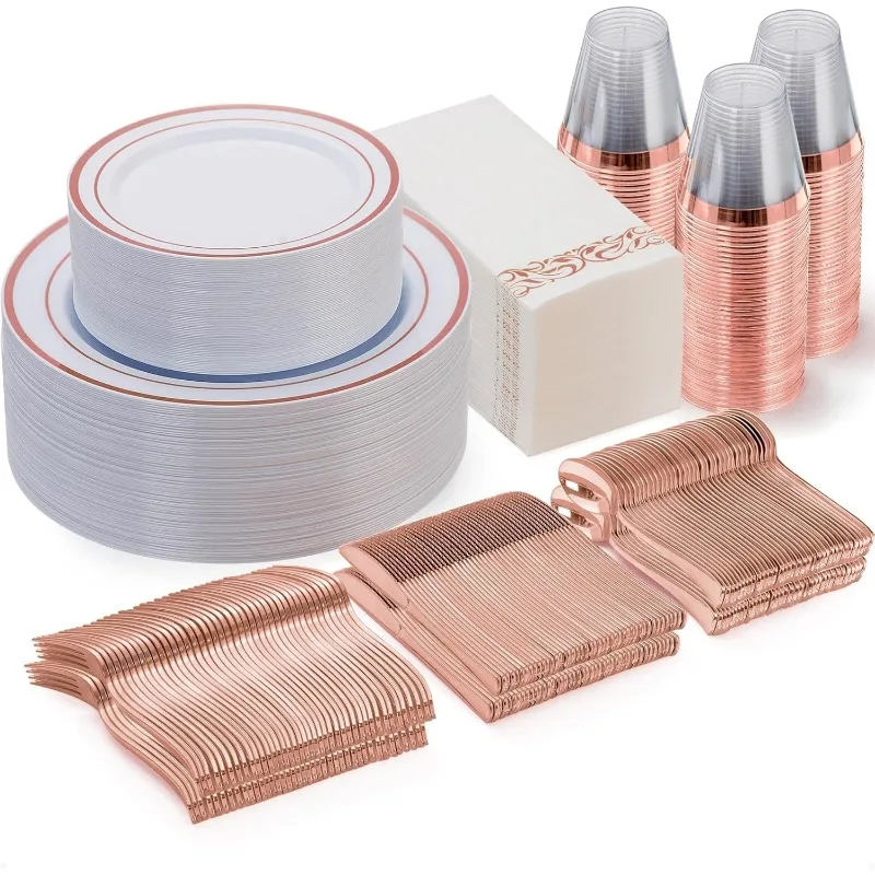

350 Piece Disposable Dinnerware Set for 50 Guests, Include 50 Dinner Plates, Dessert Plates, Paper Napkins, Cups, Silverware Set