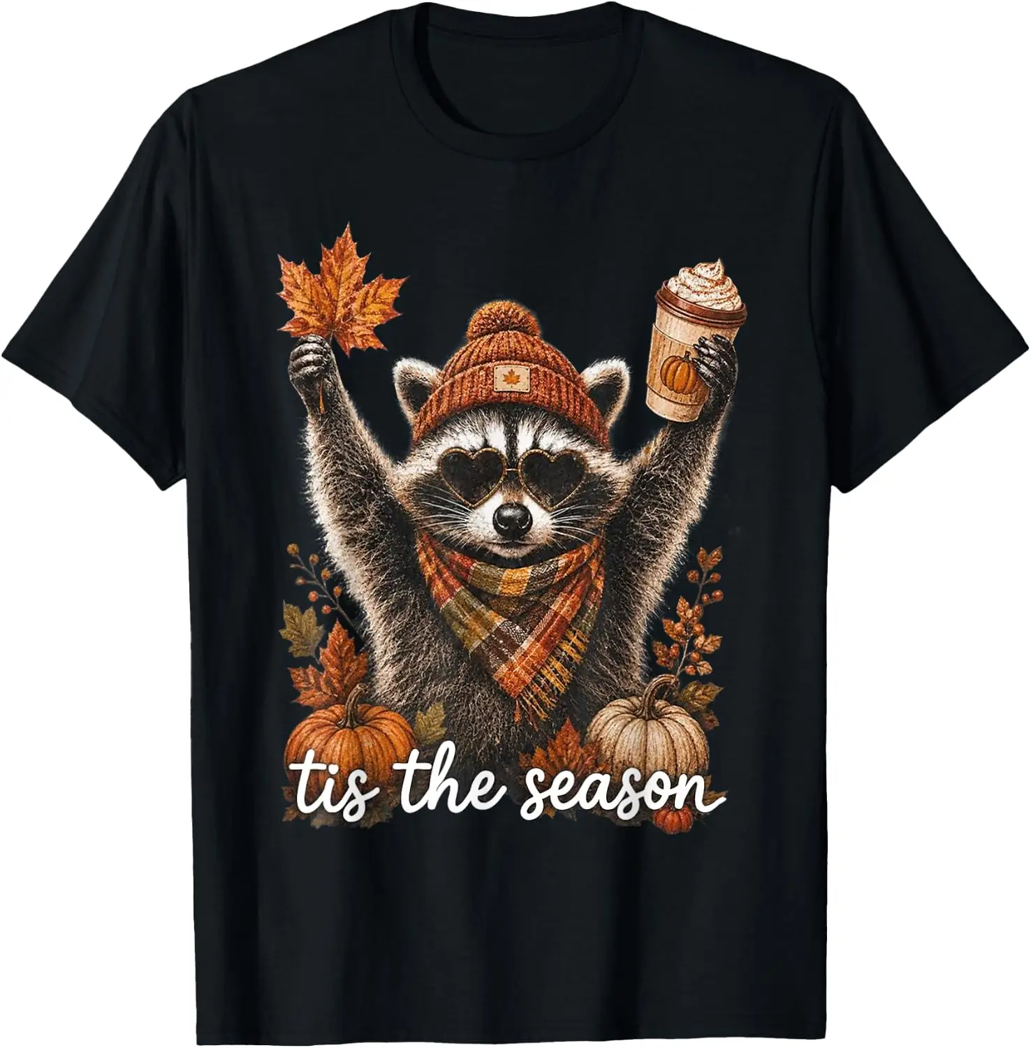 Tis The Season Funny Fall Raccoon Pumpkin & Coffee Autumn T-Shirt