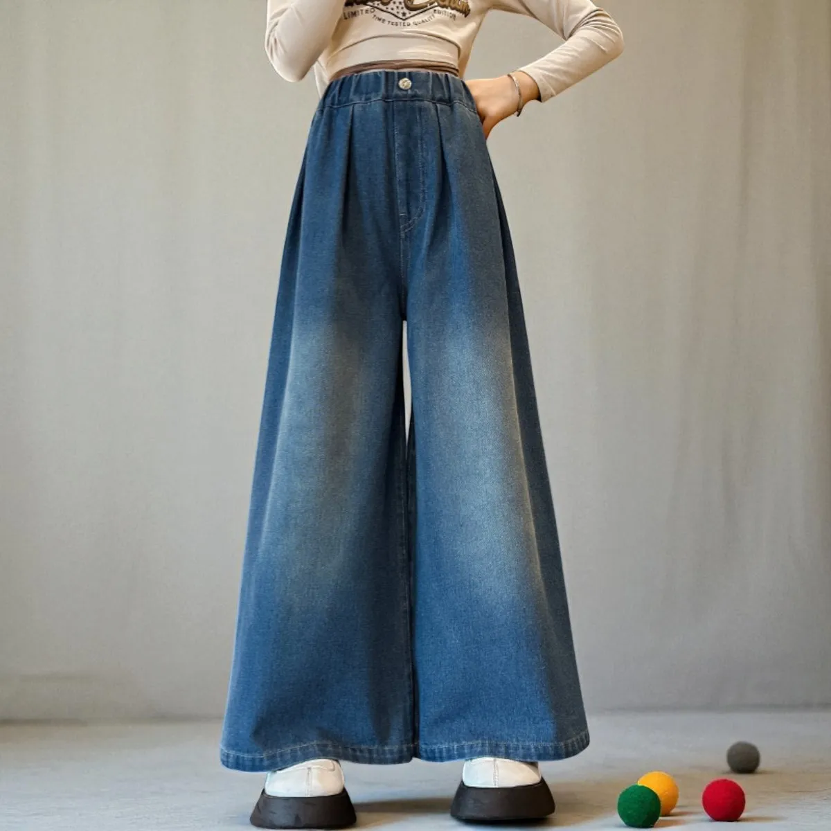 

Широкие джинсы для маленьких детей для девочек, повседневные джинсовые брюки, школьная одежда, брюки для девочек, детская одежда 5, 7, 9, 12, 13 лет