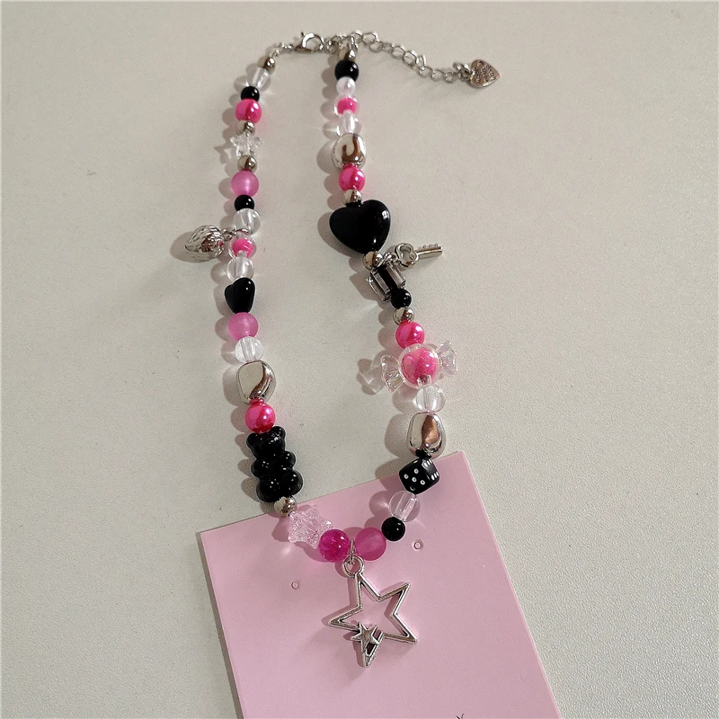 Kpop Goth Vintage Y2K Star Cross Pendant Pink Beaded Silver Color Chain Necklace For Women Aesthetic Grunge EMO Jewely Accessory