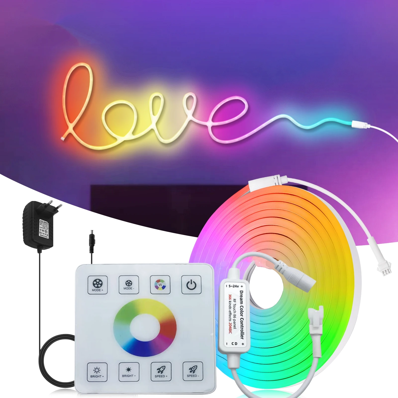 Faixa de néon rgbic 10m luz led 12v 24v dreamcolor perseguindo efeito fita flexível com controle de painel de toque rf ip67 corda endereçável