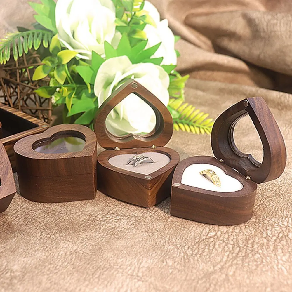 2 Slots Herz Ringe Halter Transparente Abdeckung Hochzeit Walnuss Holz Ringe Box Lagerung Vorschlag Ringe Träger Box Vorschlag