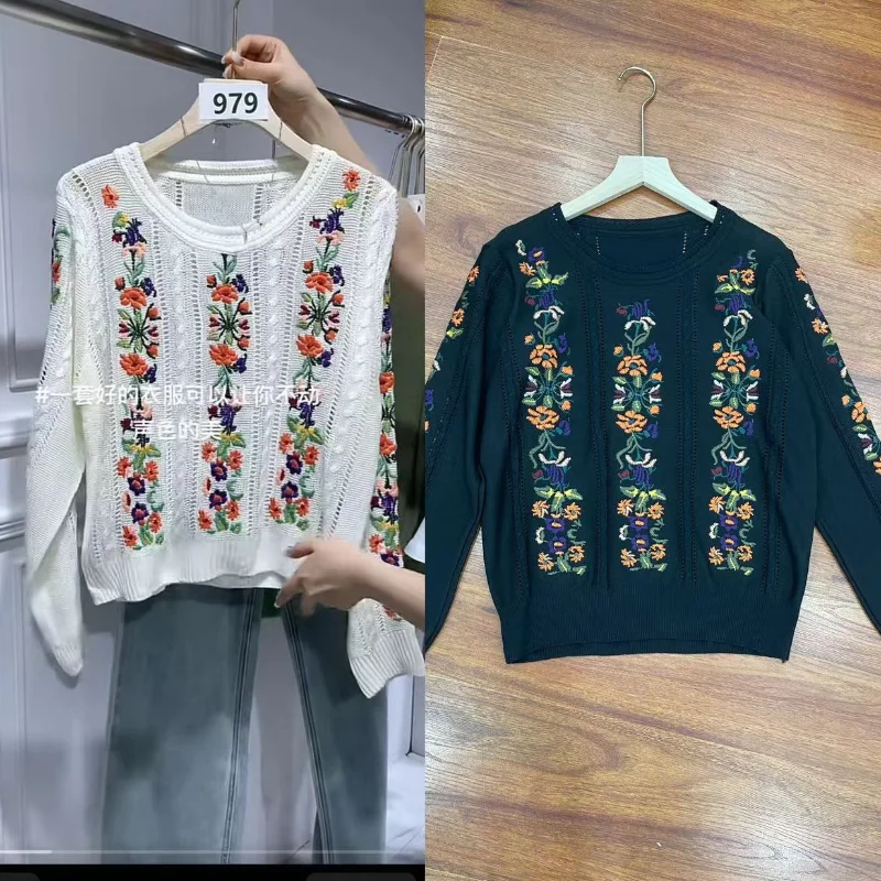 2023 Spring/Summer New Embroidery Foral Sweater Women Pullover Fashion O-Neck Pink/White Flower Knitwear Crop Top Female Jumpers