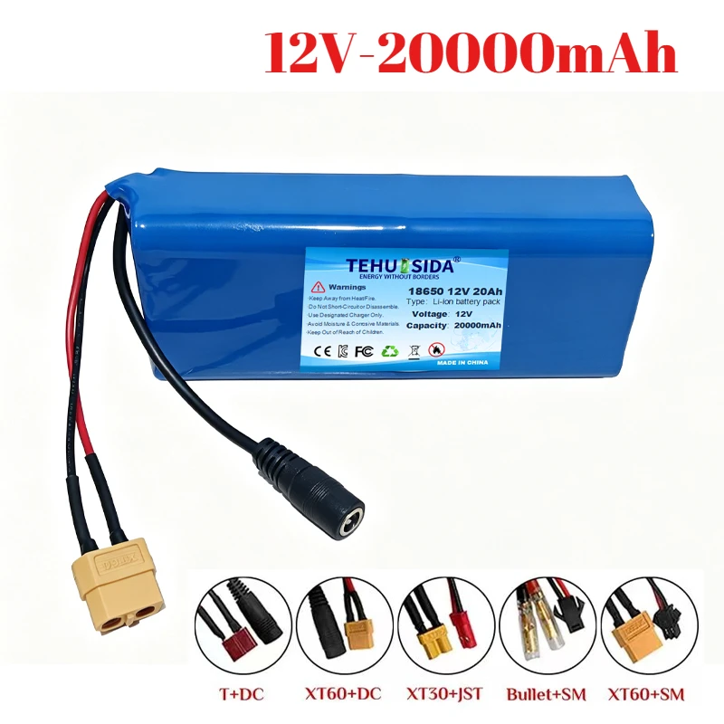 12V 20000mAh 18650 Battery Pack 3S4P 11.1V Li-ion with 20A BMS High Capacity Rechargeable for LED Light Power Bank