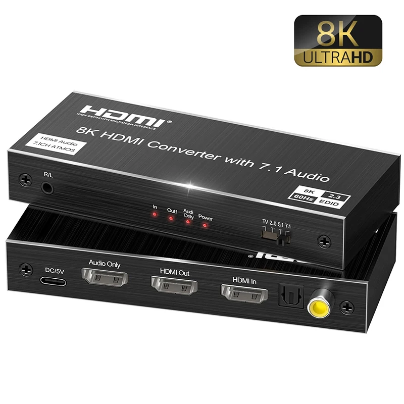 8K 60Hz HDMI Audio Extractor 4K 120Hz with HDMI 7.1CH+Optical SPDIF/Coaxial 5.1CH+3.5mm Jack Audio Converter Support HDR10 VRR