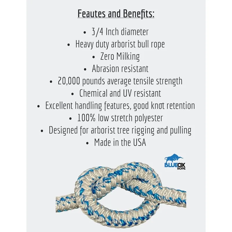3/4 Inch by 200 Feet 12 Carrier, 24 Strand Polyester Arborist Bull Rope, White/Blue