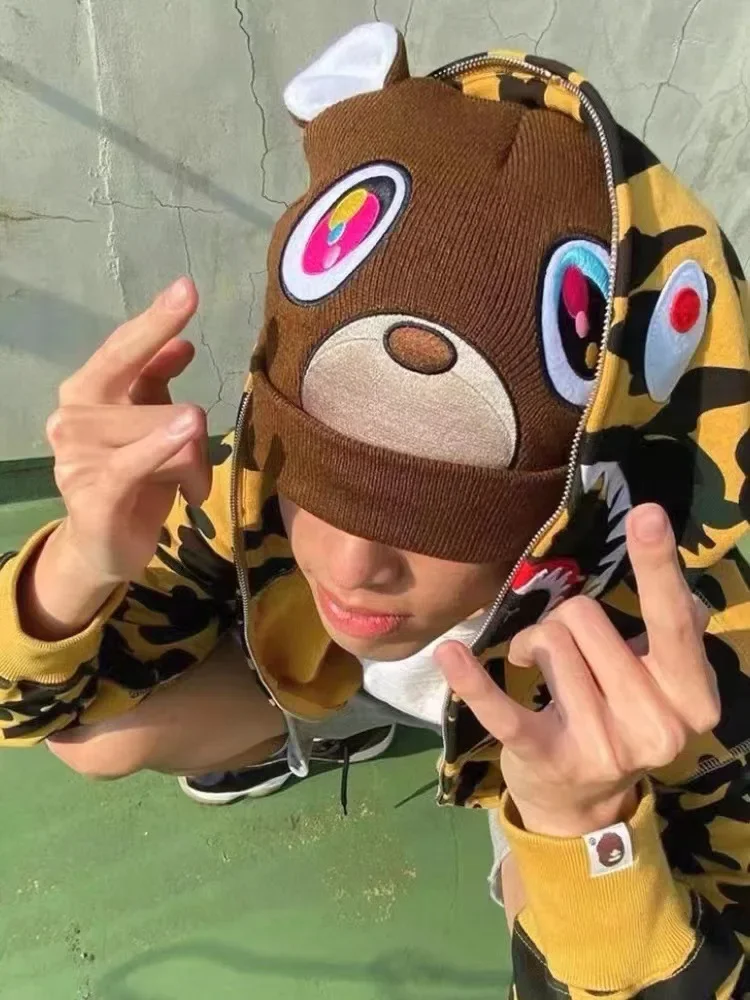 Korean Ins Tide Brand Bear Knitted Wool Hat Warm in Autumn and Spring Brown Dropout Bear Cold Beanie Hat