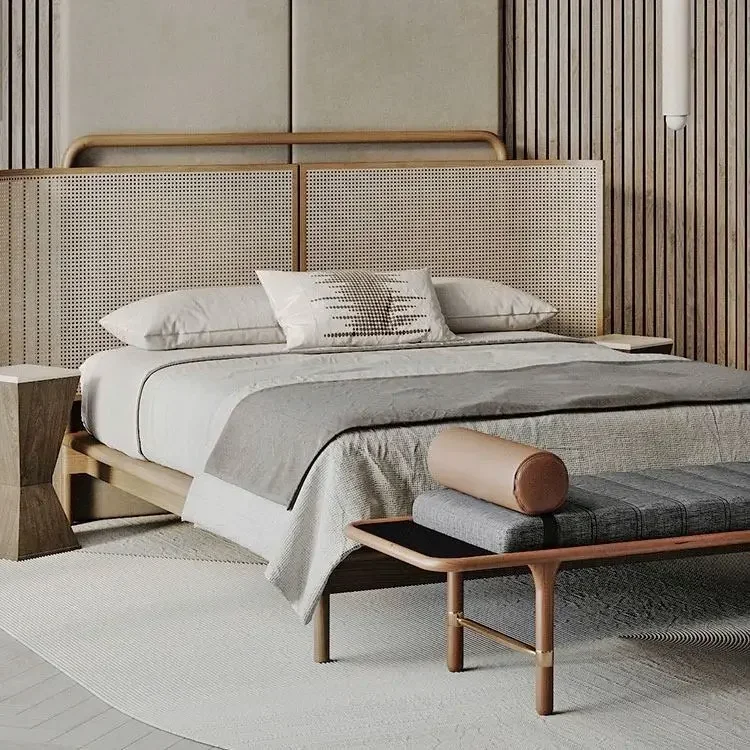 Wide bedside rattan bed walnut-colored Nordic solid wood bed designer high-end homestay wabi-sabi wind double bed