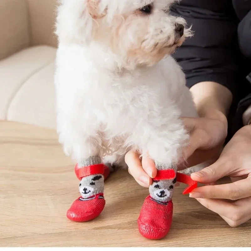 4pcs Puppy Dog Teddy Socks Waterproof Cat Shoes Anti-Scratch Foot Cover Anti-Dirty Pet Socks Small Cat Dogs Knit Warmpet Socks