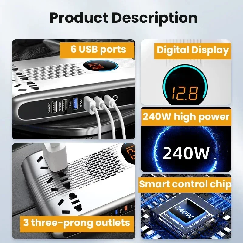 All in One Car Inverter 12V/24V to 220V Cigarette Lighter Adapter Multi-Port Fast Charging USB Phone Charger PD3.0 QC4