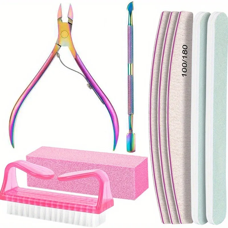9Pcs/lot Nail Art 100/180 Grit Professional Files Buffer Sponge Block Brush Nail Scissors Kit With Cuticle Nipper Pushers Manicu