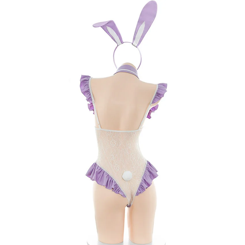 XXOO-uniforme erótico de chica conejito de Anime, lencería Sexy para mujer, mono de encaje púrpura, pijamas tentador, trajes, disfraces eróticos