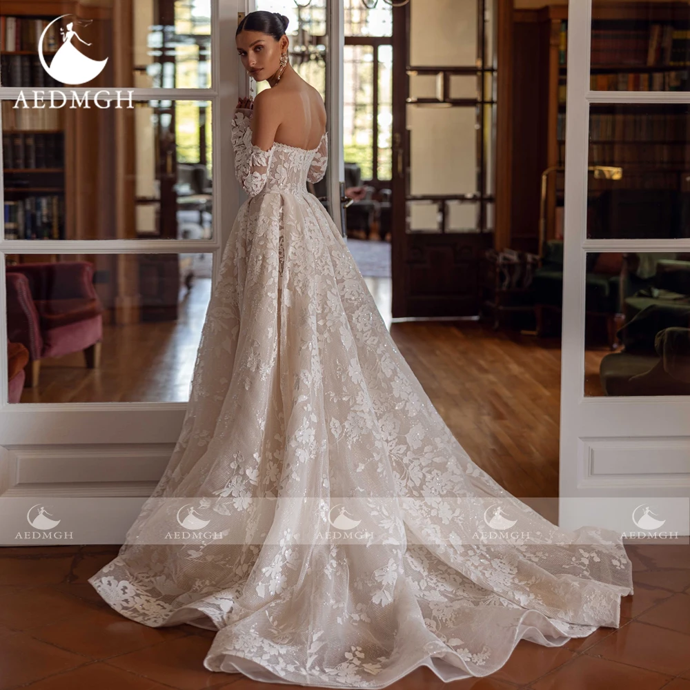 Aedmgh A-Line Elegant Wedding Dresses Strapless Long Sleeve Vestido De Novia Lace Embroidery Princess Custom Made Bridal Gown