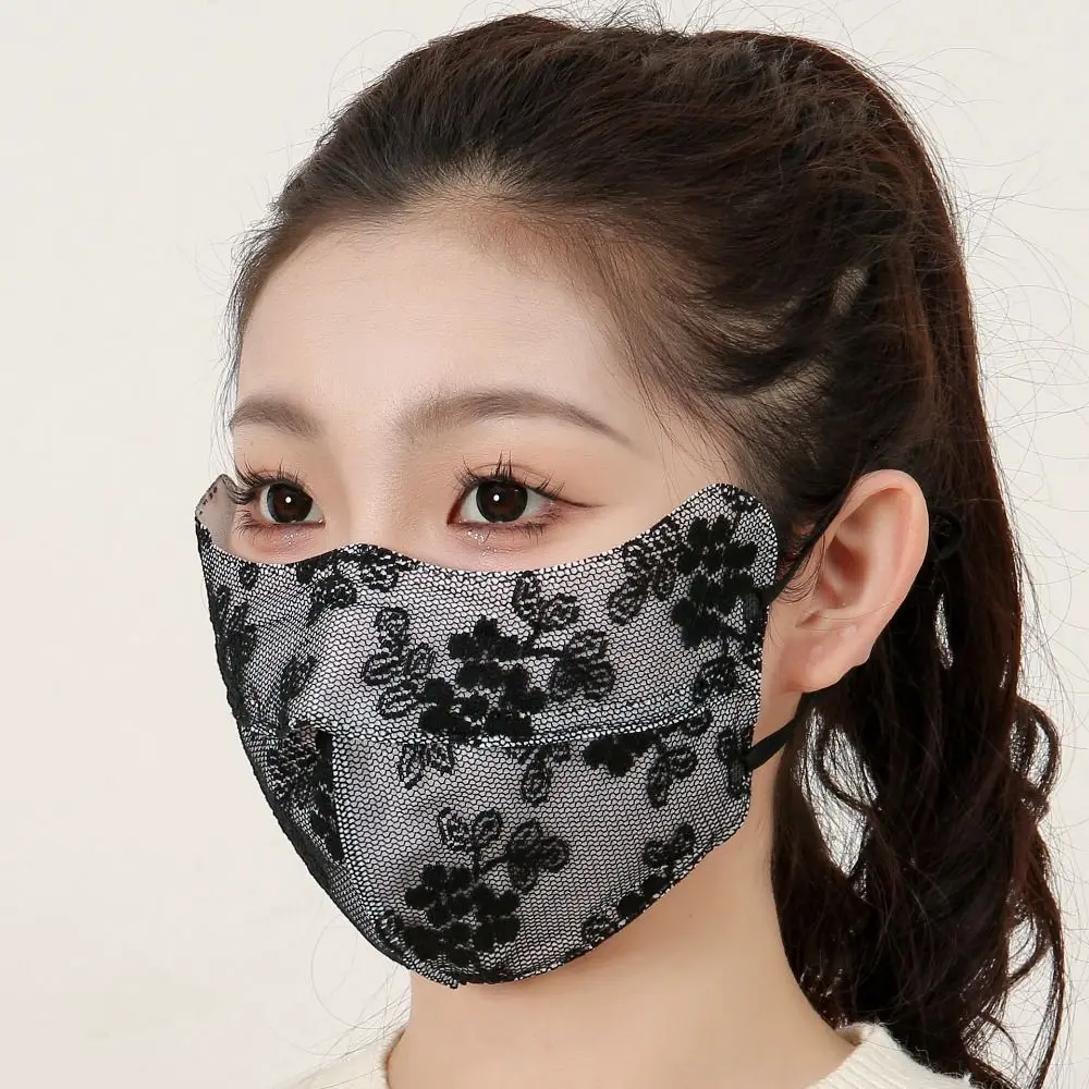 Breathable Sunscreen Lace Face Cover Adjustable Strap Hanging Ear Sunscreen Mask Flower Driving Riding Mesh Face Cover