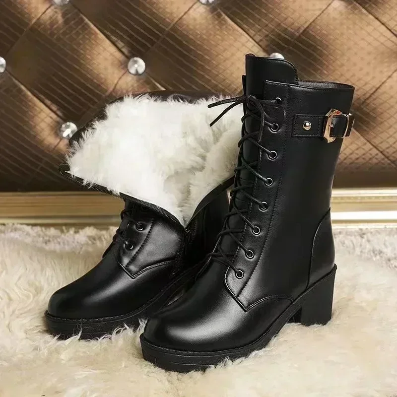 

Women's Mid-calf Boots Winter Wool Lined Warm Cotton Boot Quality Leather Boots Women's Snow Boots Thick Heeled Platform Booties