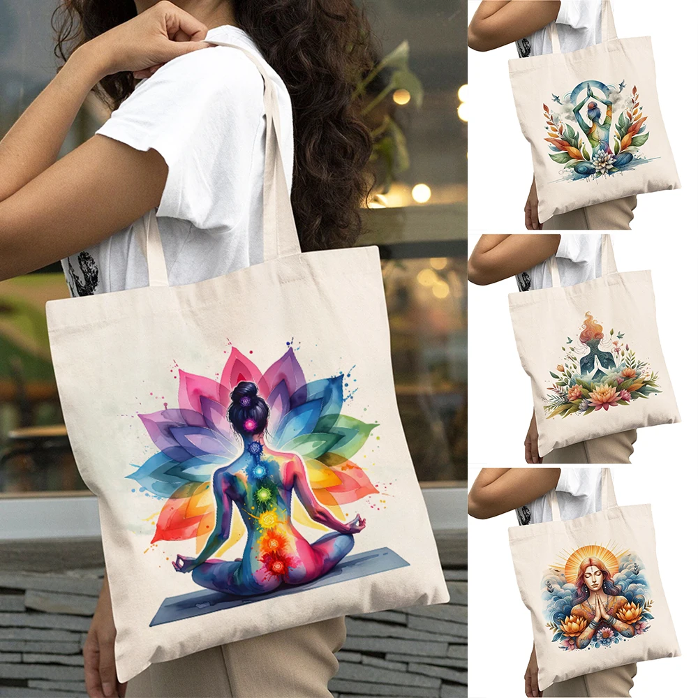 

Big Capacity Chakras in Ancient Indian Yoga Girl Shopping Bag Cartoon Double Print Women Shopper Bags Lady Tote Shoulder Handbag