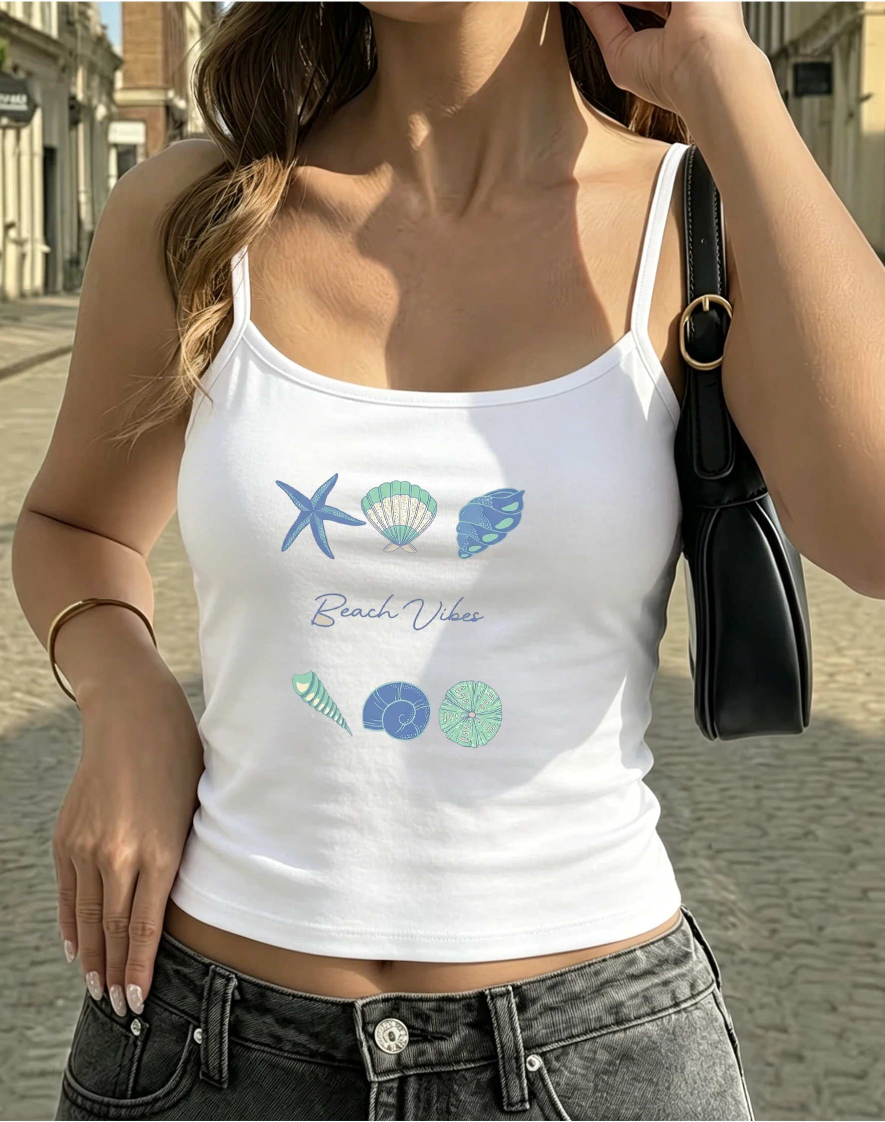 Trendy Beach Vibes Seashell Graphic Cami Top Coastal Holiday Camisole Spaghetti Strap Sleeveless Ocean Tank for Women