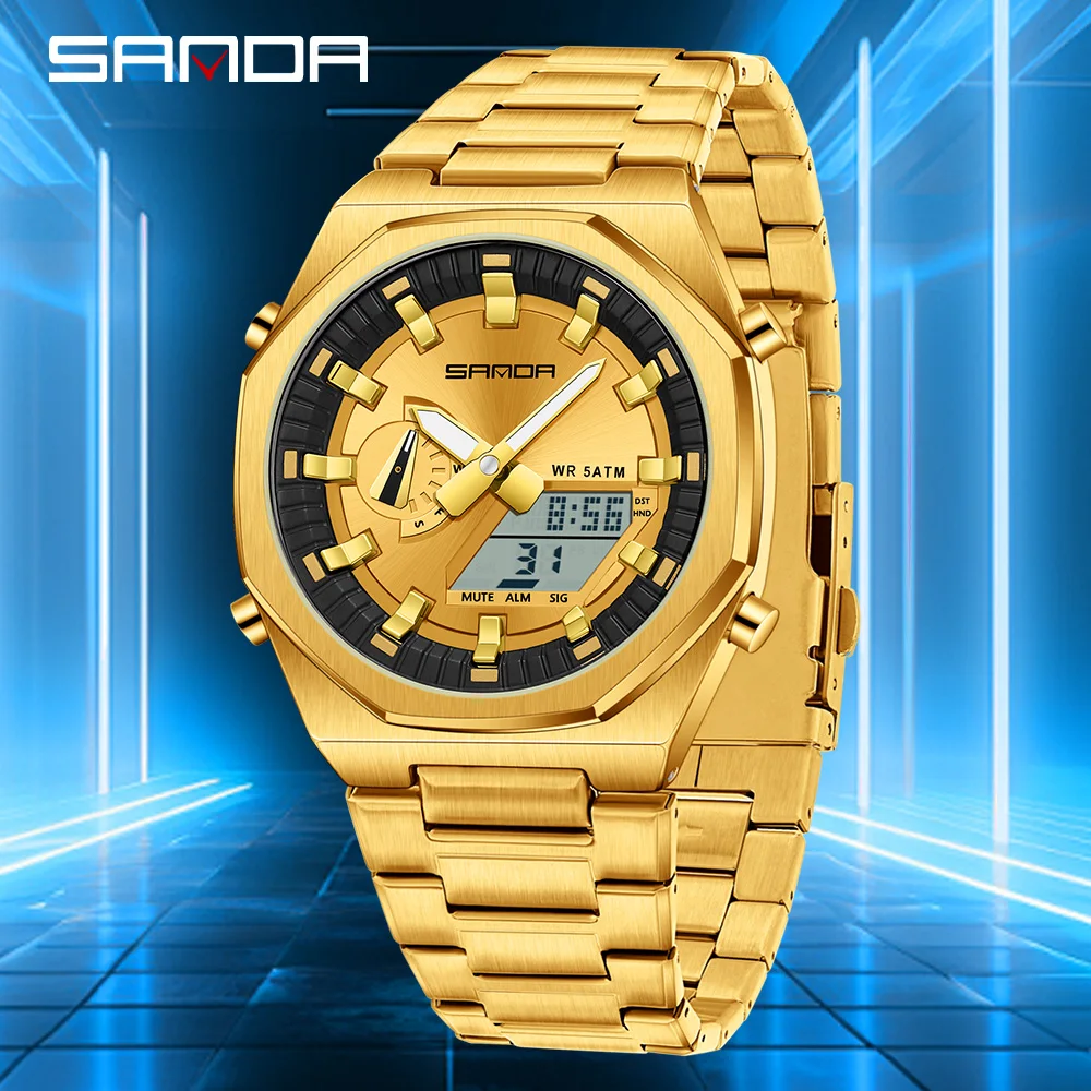 SANDA العلامة التجارية الأعلى 3376 طالب العرض المزدوج ساعة إلكترونية رياضية متعددة الوظائف مقاوم للماء طالب ساعة إلكترونية 2025