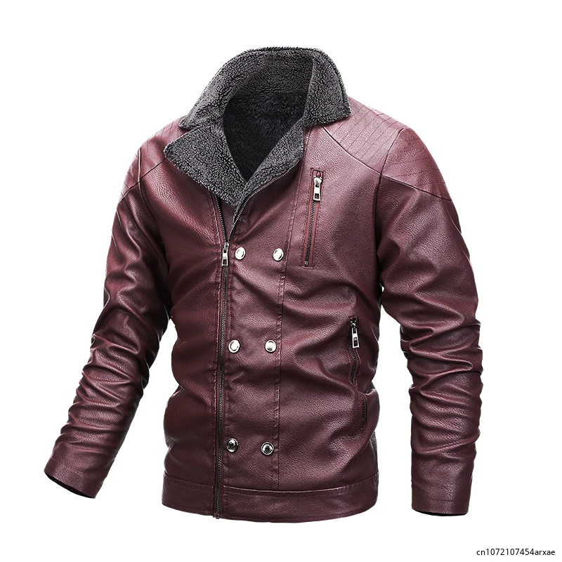 

2023 autumn winter biker leather jacket Plush Cotton lining warm windproof jacket Handsome double-breasted multi-pocket coat 5XL